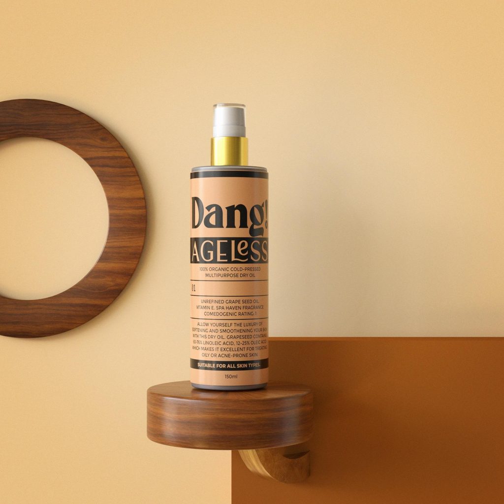 a bottle of organic cold pressed oil for skin and hair.